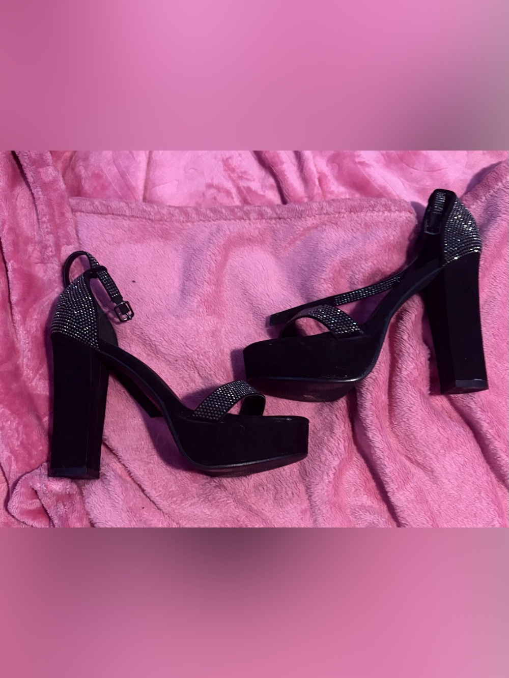 Madden Girl Black Platform Heeled Sandals with Rhinestone Strap